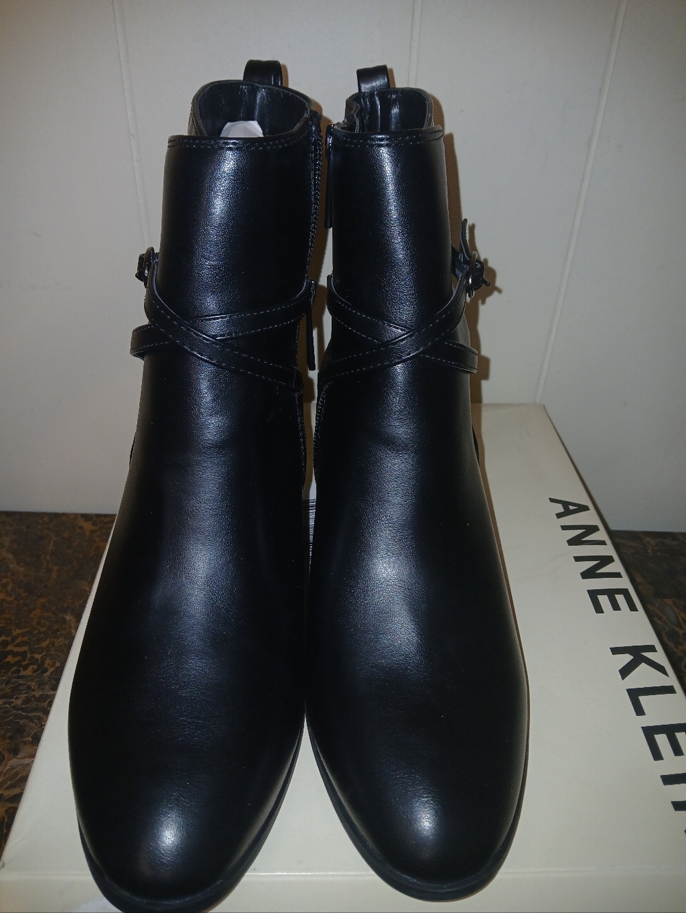 Anne Klein Black Leather Ankle Booties with Strap Detail